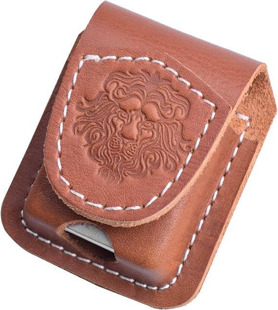 Handmade Fliptop Leather Lighter Pouch Holder Case with Pocket Belt Loop (Lion-Brown)