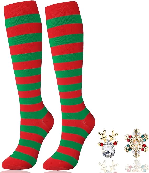Christmas Striped Knee High Socks for Women - Tall Long Leg Warmers