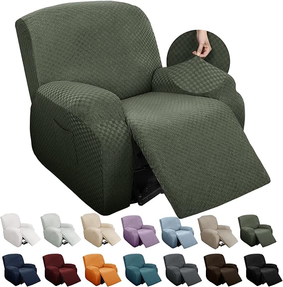 YEMYHOM 4 Pieces Stretch Recliner Slipcover Latest Jacquard Recliner Chair Cover with Side Pocket Anti-Slip Fitted Recliner Cover Couch Furniture Protector with Elastic Bottom (Recliner, Army Green)