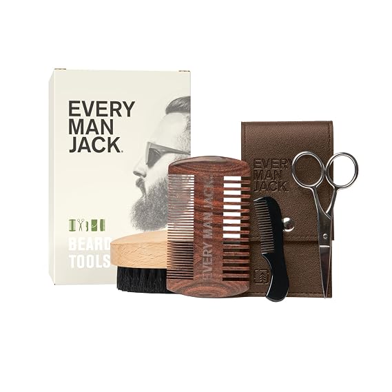 Every Man Jack Beard Grooming Tool Gift Kit for Men, 5 Pieces | Vegan Beard Brush, Dual Tooth Beard Comb, Stainless Steel Shears & Mini Comb, Travel Friendly, Beard & Mustache Care
