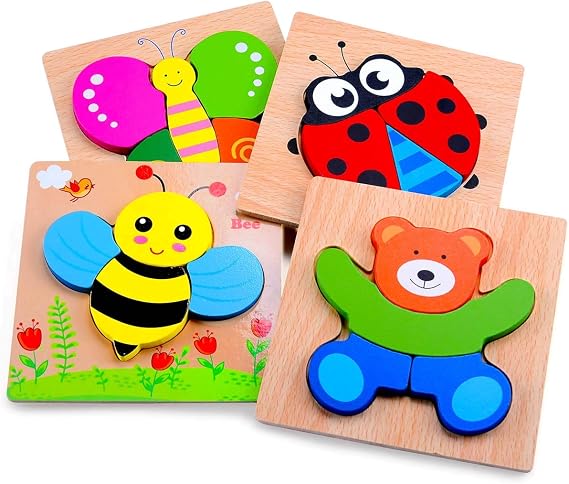 Magifire Wooden Puzzles, Set of 4 Puzzle Toys for Kids Toddlers 13, Baby Educational Animal Toys with Chunky Pieces & Bag - Butterfly, Bee, Ladybug, Bear