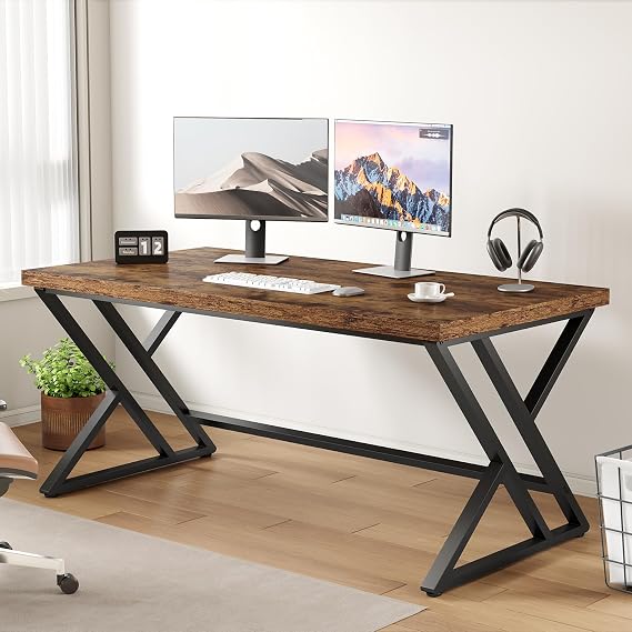 LVB Computer Desk Gaming Home Office Table long Desks 140cm Rustic Brown | Industrial Home Computer Desk for Bedroom, Farmhouse Metal Wooden Study Work PC Gaming Table, Modern Executive Writing Desk
