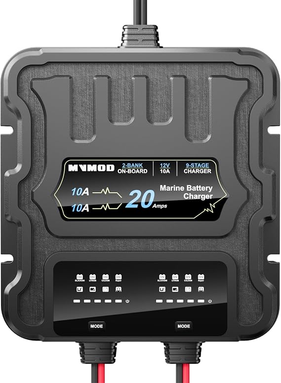 2 Bank Marine Battery Charger, 20A (10A/Bank) 12V IP68 Waterproof Lithium Onboard Battery Charger for SLA/AGM, Lithium(LiFePO4), Calcium Batteries