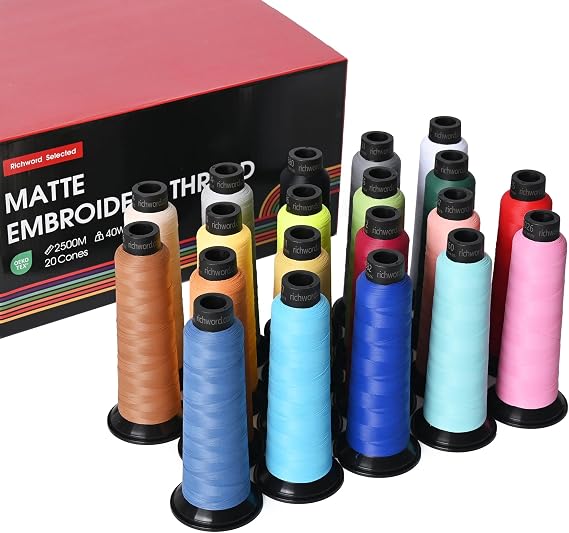 Poolin Embroidery Machine Thread Richword Selected Matte Thread 20 Colors 40WT 2500M Cones, Low-Shine Polyester Thread for Logos, Apparel & Vintage Designs, Single & Multi-Needle Machines