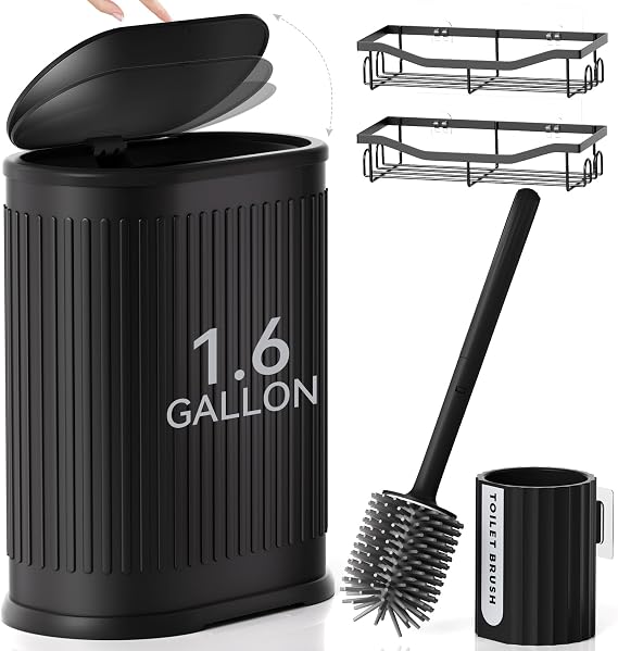 Small Bathroom Trash Can with Toilet Brush, 1.6 Gallon Black Stainless Steel Garbage Can with Lid,Slim Wastebasket with Shower Caddy for Bathroom Bedroom