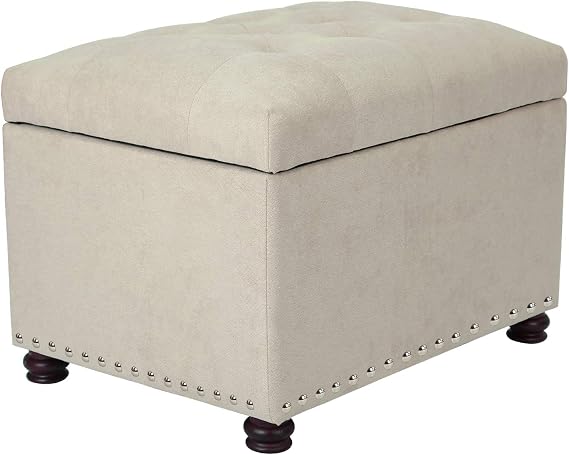 Adeco Classy Cotton Mix Fabric Accents Rectangular Storage Bench Footstool Ottomans & Storage Ottomans, White