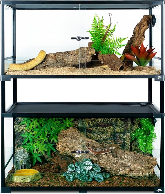 Double Stacked Reptile Tank, 36 x 18 x 44 Tall Reptiles Terrarium, Front Opening, Full Vision, Knock Down, 2 Pack 50 Gallon Glass Cage for Reptile, Bearded Dragon, Lizard, Snake, Gecko