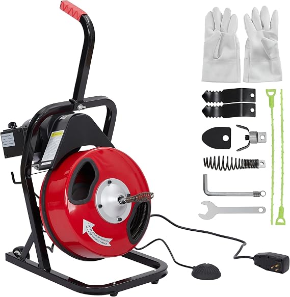 50FT 1/2 inch Auto-Feed Electric Drain Auger - Drain Cleaner Machine Professional Cleaner for 2 to 4 Inch Pipes, Features 6 Cutters, Glove, Heavy-Duty Design, and Easy Operation