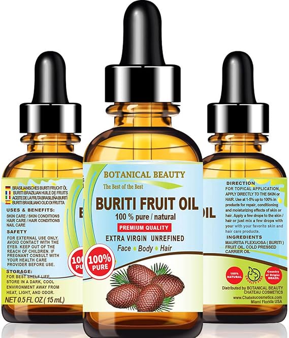 Botanical Beauty Brazilian BURITI FRUIT OIL 100% Pure Natural Virgin Unrefined Cold Pressed Carrier Oil Undiluted for Face, Body, Hair, Lip, Nails (0.5 Fl Oz)