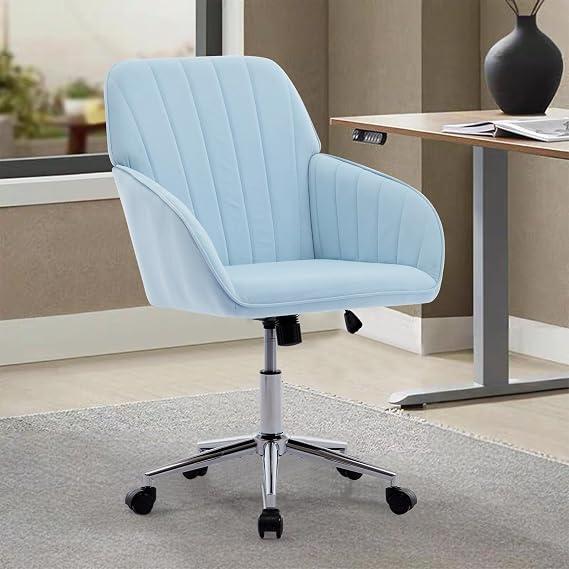 Home Office Desk Chair with Adjustable Height, Ergonomic Swivel Computer Gaming Task Chair with Five Wheels, Velvet Upholstered Silver Base Rolling Armchair for Living Room Bedroom, Baby Blue