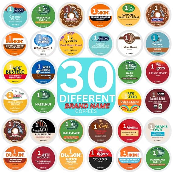 Brand Name Variety Pack Coffee Pods K Cup Sampler Flavored, Dark, Medium & light Roast. All the Top Brands and Many Morefor Keurig Brewers1 box (30 Unique Pods)