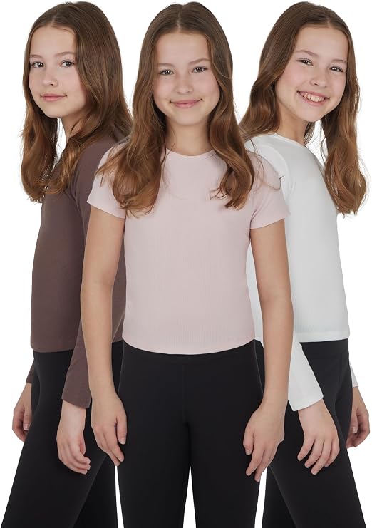 Yogalicious Girls 3 Pack Short Sleeve Crew Neck T-Shirt and Long Sleeve Crew Neck Top