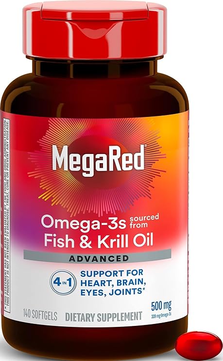 MegaRed Omega 3 Fish Oil Supplement + Krill Oil 500mg, Advanced 4in1 EPA & DHA Omega 3 Fatty Acid Softgels (140cnt Bottle), Phospholipids, Supports Brain Eye Joint & Heart Health