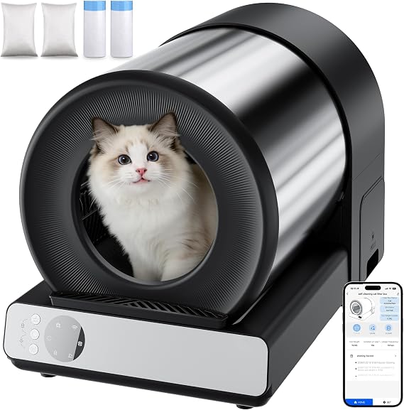 Self Cleaning Litter Box for Multiple Cats, Automatic Cat Litter Box Large Capacity, Stainless Steel Drum with App Health Monitoring, Noise & Odor Control, Dual Safety Sensors