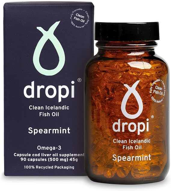 Dropi Omega 3 Fish Oil 500mg (90 Capsules), Spearmint Flavor - Maximum Strength Omega-3s EPA, DHA, Vitamin A & D - Extra Virgin Cod Liver Oil Supplement for Immune System, Brain Health & Joint Support