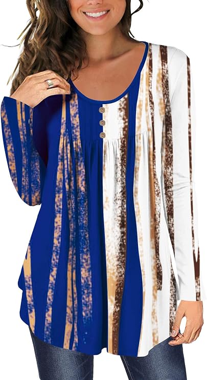 BeadChica Women's Casual Tunic Tops To Wear With Leggings Long Sleeve Floral Henley Blouses Botton Up Shirts-Print-L White Blue Stripe