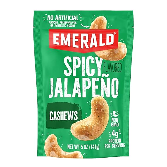 Emerald Nuts Jalapeno Seasoned Cashews (1-Pack) | 5 Oz Resealable Bag | Plant-Based Protein, Kosher Certified, Non-GMO, Contains No Artificial Preservatives, Flavors or Synthetic Colors