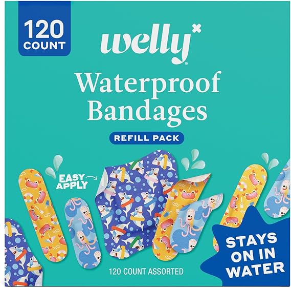 Welly Bandage Ocean Friends Refill Pack | Splashflex Adhesive Flexible Waterproof Bandages | Assorted Shapes and Patterns for Minor Cuts, Scrapes, and Wounds - 120 Count