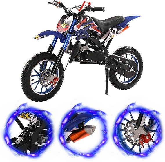 50cc Kids Dirt Bike, Dirt Bike for Kids and Adluts, Mini Bike with 2-Stoke, Gas Power Motocross, Off Road Mini Motorcycle, Pocket Motorbike with Front Rear Disc Brakes, Racing Max Speed 40KM/H