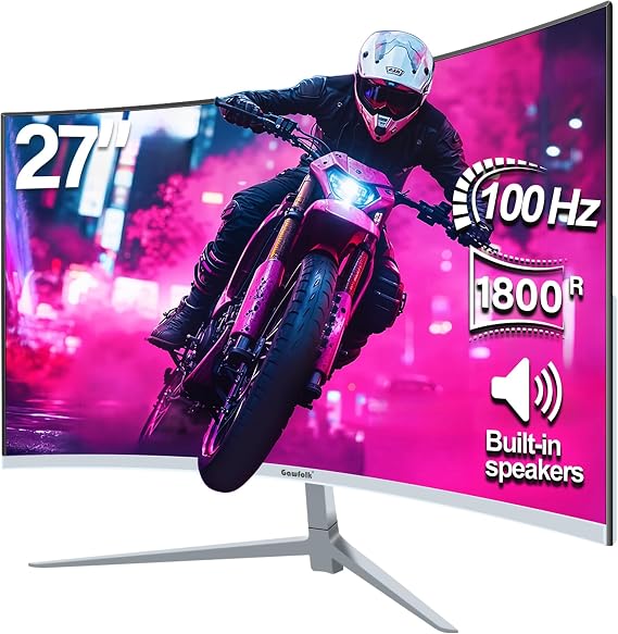 Gawfolk 27 inch Curved Monitor 100hz, PC White Computer Gaming Monitor FHD 1080P, 1800R, Frameless, Built-in Speakers