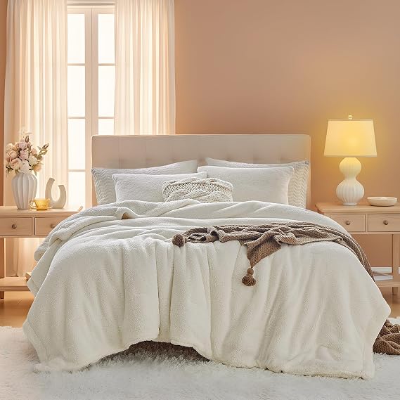 Fluffy Queen Comforter Set - Sherpa Comforter Set Queen Size Winter Use Warm Fleece Luxury 3 Pieces Bedding Comforter with 2 Pillow Shams Microfiber Plush Bed Set- Thanksgiving Choice