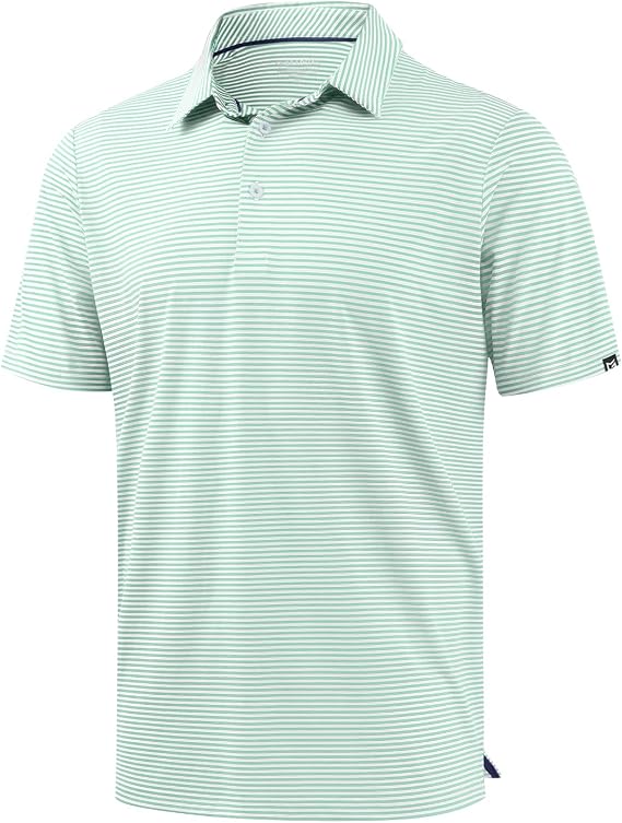 Mens Golf Shirt Dry Fit Performance Short Sleeve Striped Polo Shirts | Moisture Wicking, Breathable, Soft Stretch, Colorful Stripes, 3-Button, UPF50+, Easy Match for Dressy Casual, Tennis, Daily