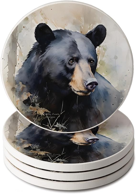 Thirstystone Wilderness Bear 4 Pack Round Absorbent Stone Coasters | Protective Cork Backing, Manufactured in the USA, Artistic, Easily Wipes Clean