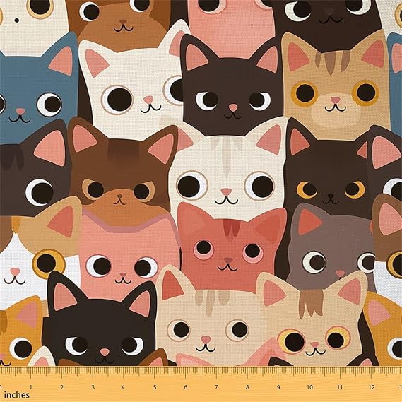 Cartoon Cats Upholstery Fabric By The Yard, Cute Cat Print Decorative Fabric for Upholstery and Home DIY Projects, Kawai Animals Soft Flannel, 1 Yard, Yellow