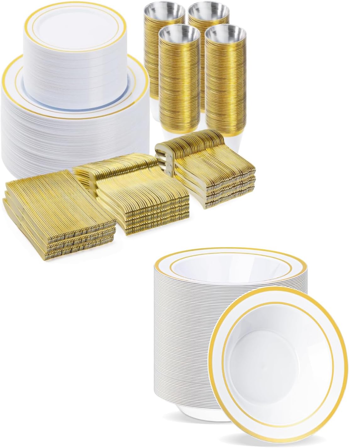 BESTVIP 700PCS Gold Dinnerware Set for 100 Guests, Plastic Plates for Party, 100 Gold Disposable Plates, 100 Dessert Plates, 100 Cups, 100 Spoons, 100 Forks and 100 Knives, 100 Bowls