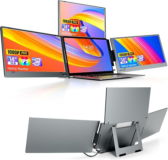KPKUE 14" Triple Screen Extender, FHD IPS Laptop Screen Extender Monitor One USB-C cable Connecting, Dual Screen Laptop Compatible with 11.6" -15.6" Laptops(Mac Windows)