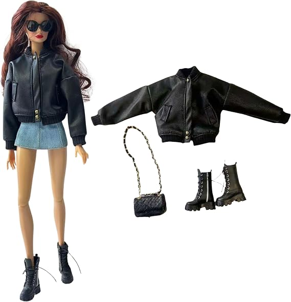 Black Fashion Doll Outfit Set, Bomber Jacket with Combat Boots and Chain Bag, for 11.5-12 inch Dolls, 1/6 BJD Action Figures
