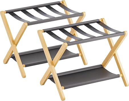 Luggage Rack, Set of 2, Folding Suitcase Stand with Storage Shelf, Premium Bamboo Luggage Holder for Guest Room, Bedroom, Hotel, Closet, Holds up to 135 lb (Natural)