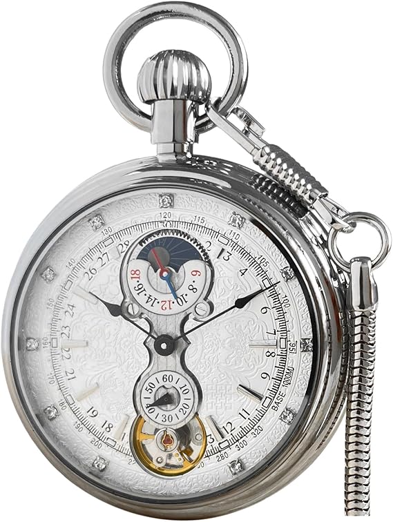 VIGOROSO Men's Vintage Full Copper Hand Wind Mechanical Second & 24 Hour Sub Dial Pocket Watch with Box, Steel Tourbillon, pocket watch