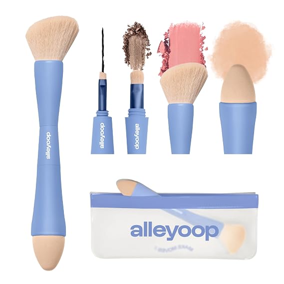 Alleyoop Multi-Tasker 4-in-1 Travel Makeup Brush Set, Blush Brush & Sponge | 4-in-1 Makeup Brush Set for Women: Blush & Bronzer Brush, Blending Sponge, Brow & Eyeliner Brush, Eyeshadow Brush