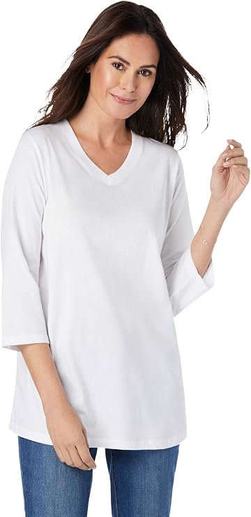 Woman Within Plus Size Perfect Three-Quarter Sleeve V-Neck Tee