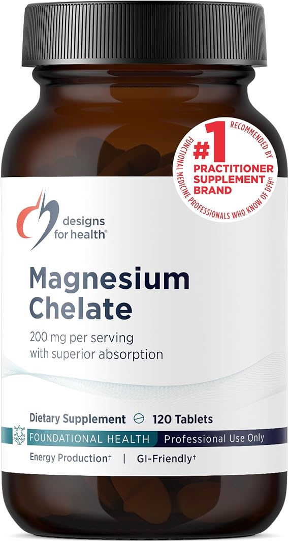 Designs for Health Magnesium Chelate Tablets - 200mg Magnesium Bisglycinate Chelate - Non-GMO Supplement Designed to be Easier on the Stomach (120 Tablets)