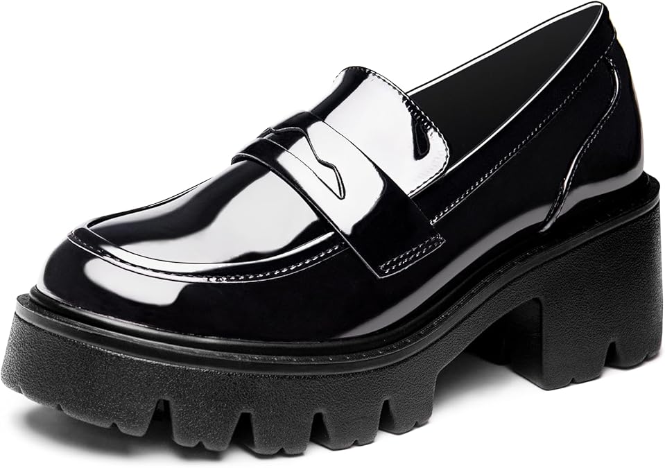 Black Penny Loafers for Women - Women's Slip-On Platform Patent Leather Loafers, Chunky Comfort Shoes for Work & Dressy Occasions