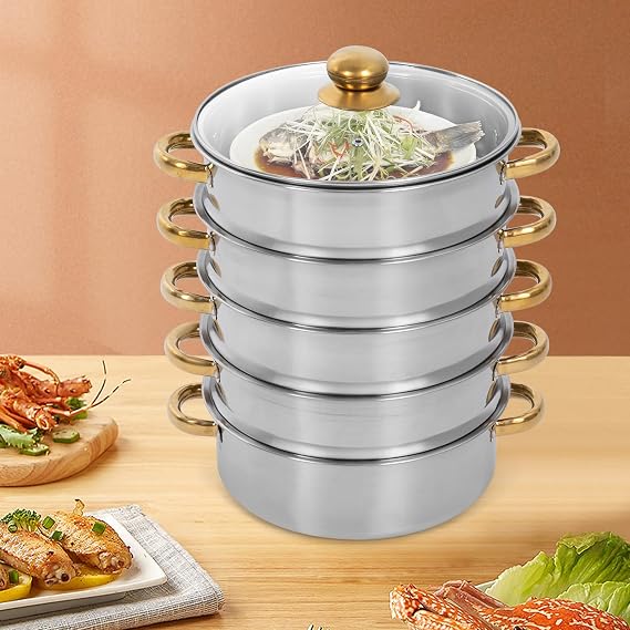 Xuthusman 5 Tier Stainless Steel Steamer,11.81 inch Stackable Steamer Cooker Multipurpose Steam Cookware with Transparent Lid Multi Tier Cookware Pot with Handle for Vegetables Seafood