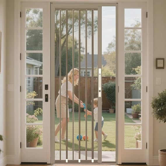 40x86 Retractable Screen Door, Folding Door with Aluminum Frame, Metal Screen Keep Bugs Out Ventilation Net, Heavy Duty Folding Screen Door for Front Doors Bedroom Patio Chicken Coop RV Champagne