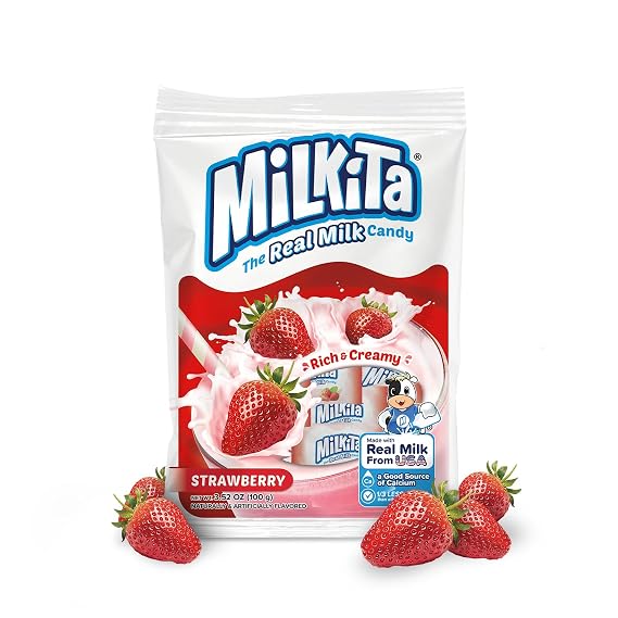 Milkita Creamy Strawberry Milk Candy (25 Count Bag) | Low-Sugar Healthy Sweets with Real Milk for Kids & Adults Fat & Gluten-Free Candy with Calcium for Everyday Indulgence
