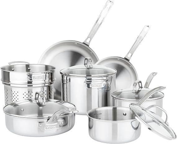 Viking Artisan 3-Ply Stainless Steel 11-Piece Cookware Set with Vented Glass Lids, Fry Pans, Saucepans, Saute Pan, Stock Pot with Strainer Insert, Oven Safe up to 600F