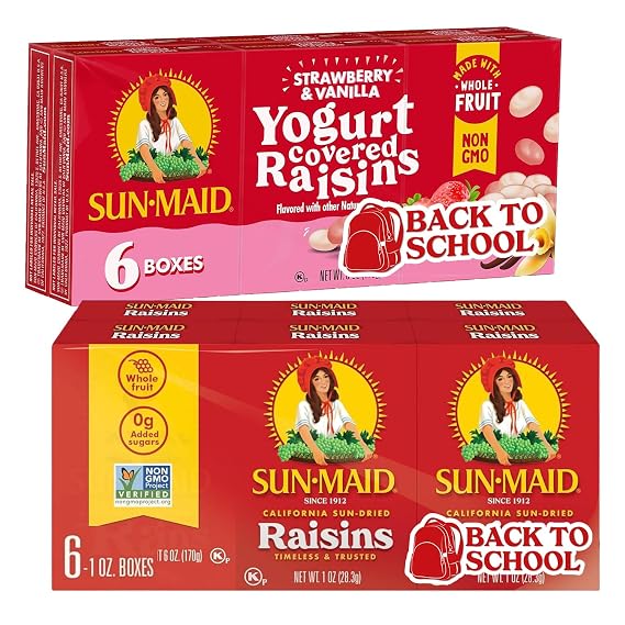 Sun-Maid Raisin Snack Pack Strawberry Vanilla Yogurt & Classic California Sun-Dried Raisins (6 Pack) 1 oz Boxes Naturally Sweet & Fun Snacks for All Ages