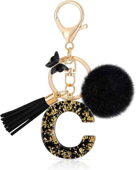 MWOOT Initial keychain,Resin Letter keychain,Cute Car Keyring Alphabet,Black Car Keychains Pompom Keychain