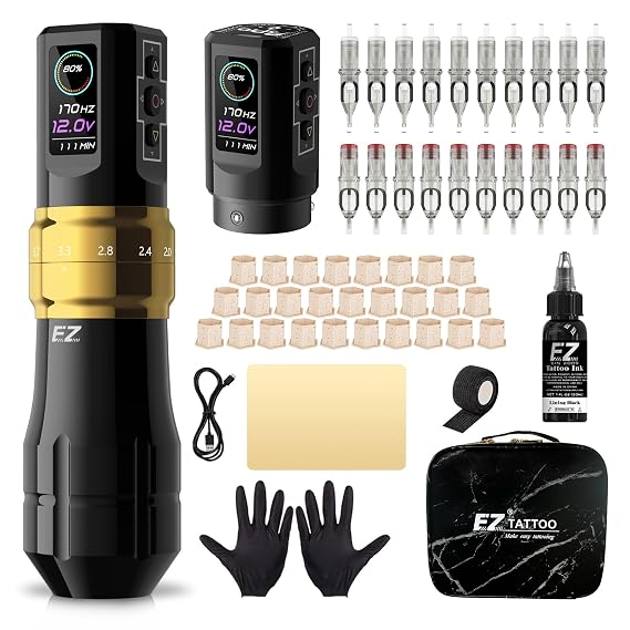 EZ P3 Pro Tattoo Kit, Complete Tattoo Gun Kit 6 Strokes Wireless Tattoo Pen Machine with Extra 1600mAh Power Supply and Tattoo Ink Black Cartridge Needles for Beginners and Artists (Gloss Golden)