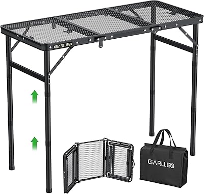GARLLEN Folding Grill Table Max Capacity 66lbs, 3 Adjustable Height Portable Folding Camping Table with Heat-Resistant Mesh Tabletop, Aluminum Picnic Table for Outdoor, BBQ, Camping, 34.2L x 15.7W