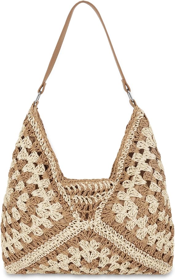 Straw Hobo Beach Bag for Women, Woven Tote Bag Summer Crochet Shoulder Bag,Vintage Foldable Handbag for Travel