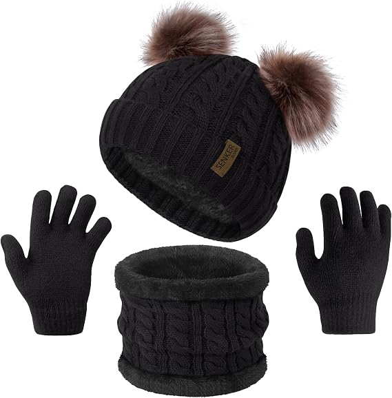 Senker Fashion Winter Beanie Kids Hat and Gloves Set for Girls Boys Toddler Pompom Knit Fleece Lined for Cold Weather