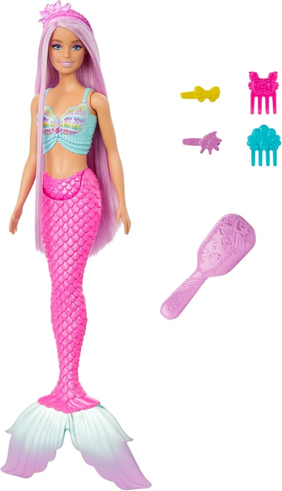 Barbie Mermaid Doll with 7-Inch-Long Pink Fantasy Hair and Colorful Accessories for Styling Play like Headband and Barrettes, HRR00