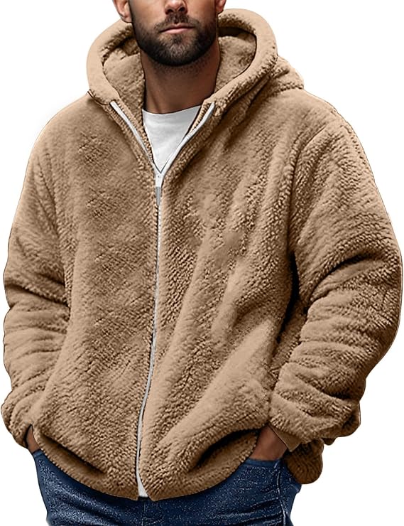 Men Fleece Hoodie Winter Warm Zip Up Fuzzy Reversible Sherpa Jacket Fall Thermal Cozy Oversized Fluffy Teddy Bear Coat