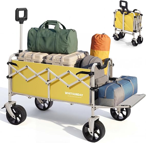 Collapsible Folding Wagon Cart, Heavy Duty Utility Wagons with Tailgate & Wheels,Portable Utility Cart for Camping,Garden,Beach,Sports Yellow